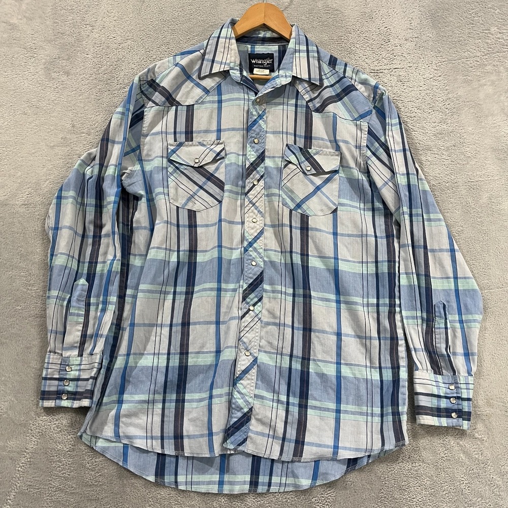 Vintage Wrangler Western Shirts Mens 16.5x37 Pearl Snap Plaid Blue Cowboy Y2K